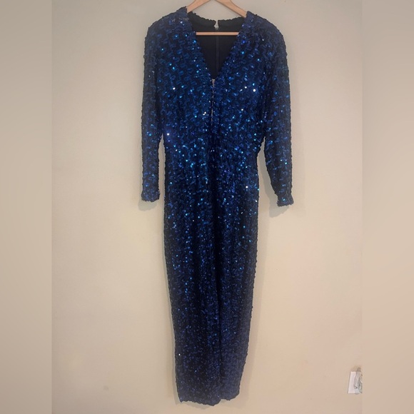 Lilli Diamond Original 60s 70s TRUE VINTAGE Blue Maxi Sequin Dress Long Sleeve L - Picture 2 of 14